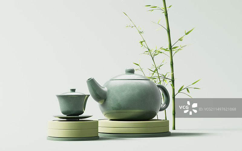 中国风茶壶茶杯三维渲染图片素材