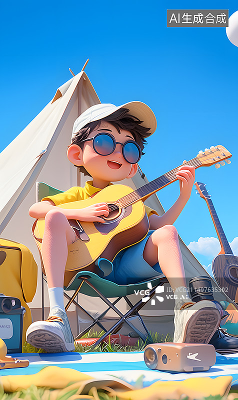 【AI数字艺术】露营在海滩上弹吉他的男孩3D海报图片素材