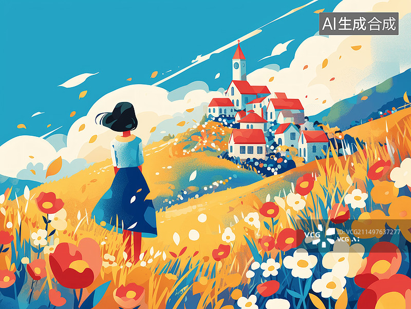 【AI数字艺术】扁平插画花海中的女子和村庄图片素材