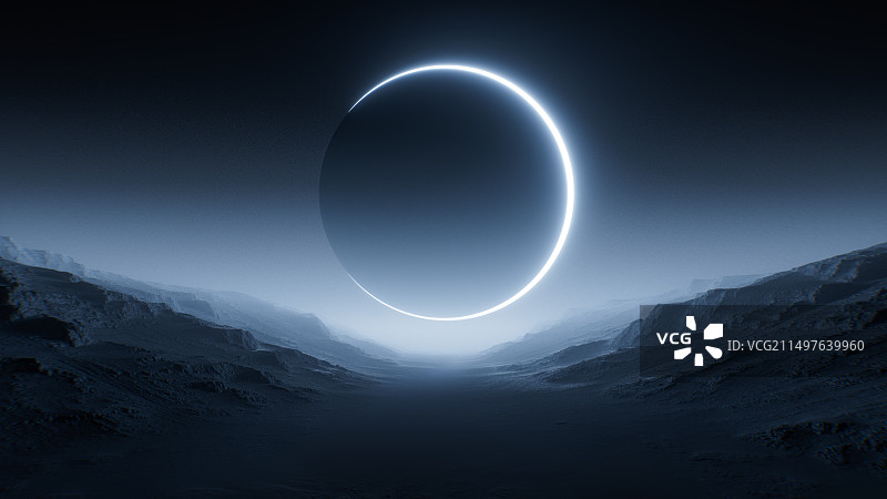 科技感峡谷星球日食超现实山脉地形3d渲染背景图片素材