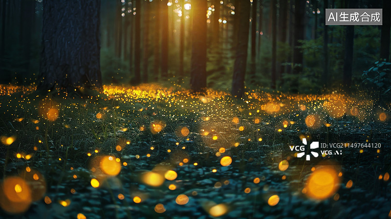 【AI数字艺术】暗蓝色夜幕下的森林，有萤火虫在飞舞图片素材