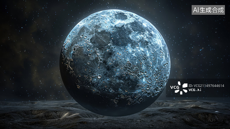 【AI数字艺术】太空中的月球，表面带有陨石坑和纹理图片素材