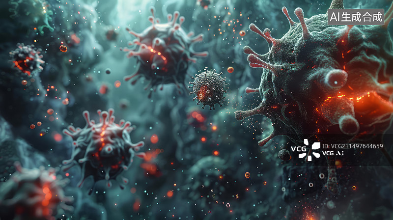 【AI数字艺术】3D渲染病毒细菌生物医疗科技背景图图片素材