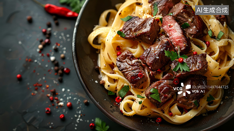 【AI数字艺术】一碟健康美味的黑椒牛柳意粉图片素材