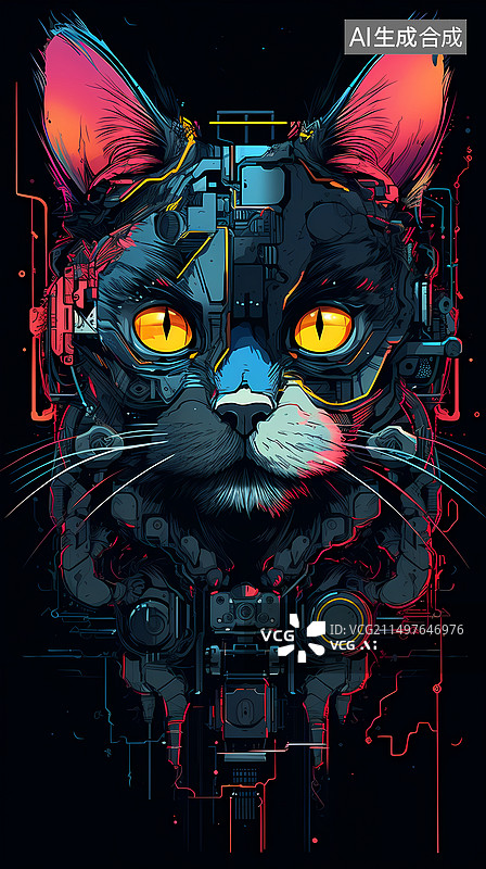 【AI数字艺术】机械猫赛博朋克故障风概念插图图片素材