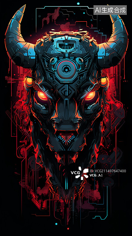 【AI数字艺术】机械牛魔王赛博朋克故障风概念插图图片素材