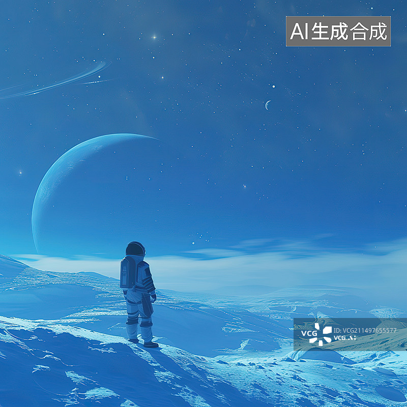 【AI数字艺术】夜晚站在雪山上的人的后视图图片素材