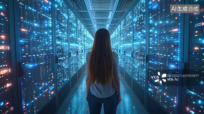 【AI数字艺术】晚上站在灯火通明的城市里的女人的后视图图片素材