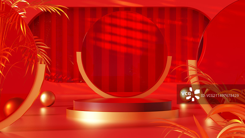 红色创意几何体室内空间3D渲染图片素材