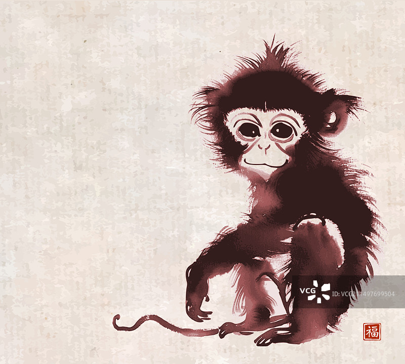 复古风小猴水墨画图片素材