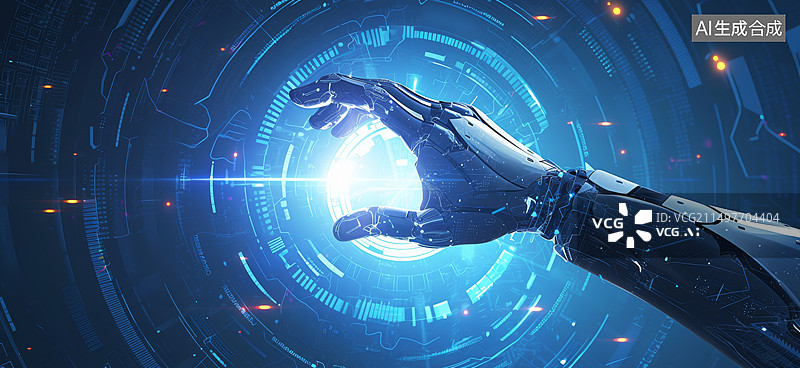 【AI数字艺术】人工智能AI机械手触摸大屏幕插画图片素材