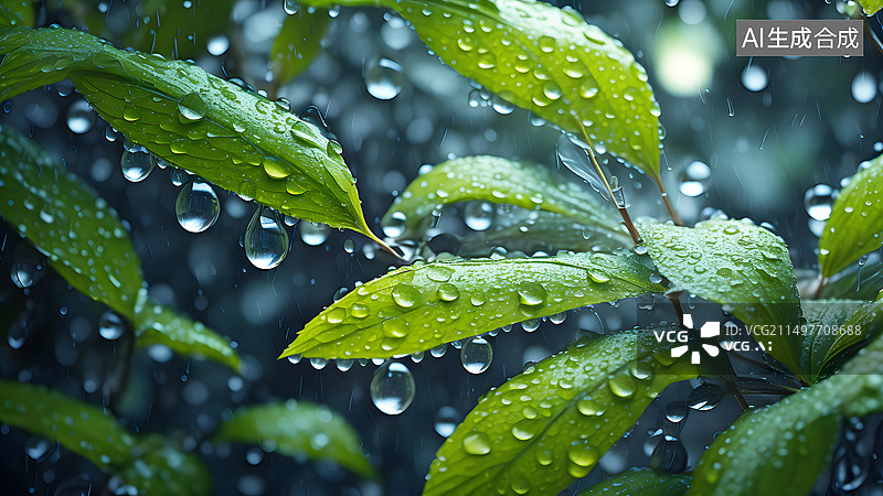 【AI数字艺术】雨滴落在树叶上的特写镜头图片素材