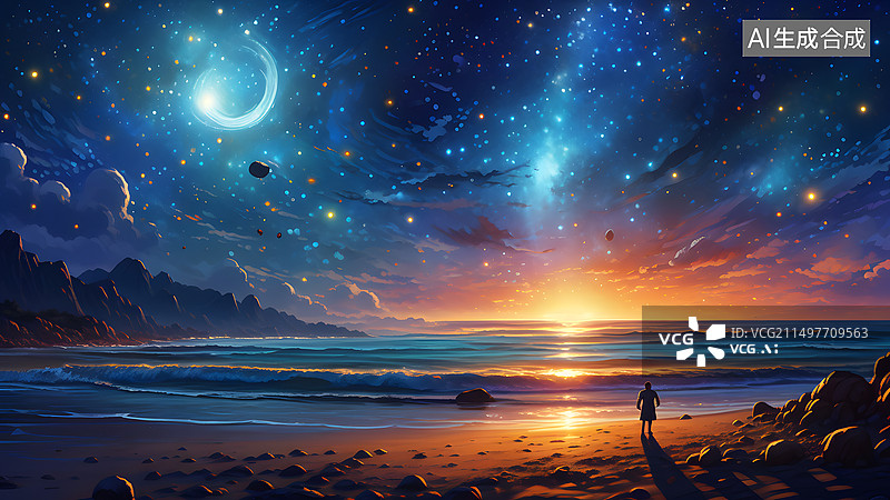 【AI数字艺术】夜空中的海滩风景图片素材
