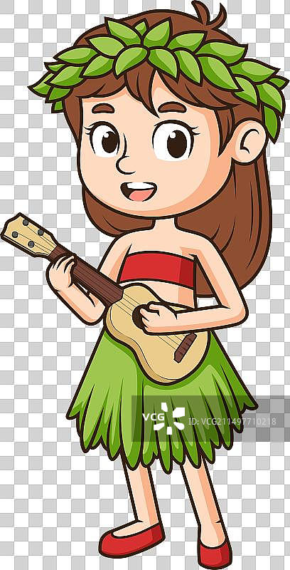 弹尤克里里的夏威夷女孩卡通剪贴画图片素材