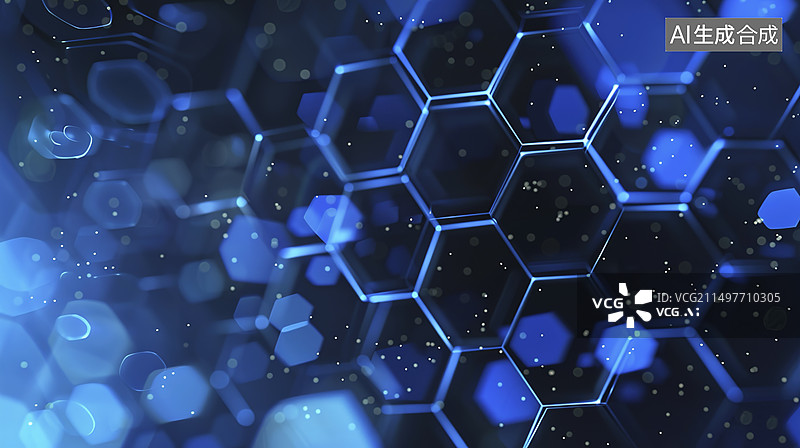 【AI数字艺术】蓝色六边形蜂窝状科技背景图片素材