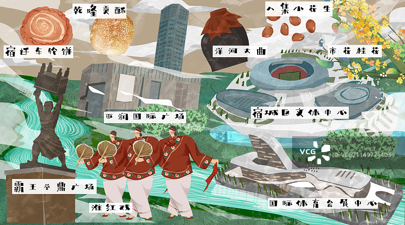 宿迁市建筑人文美食插画图片素材