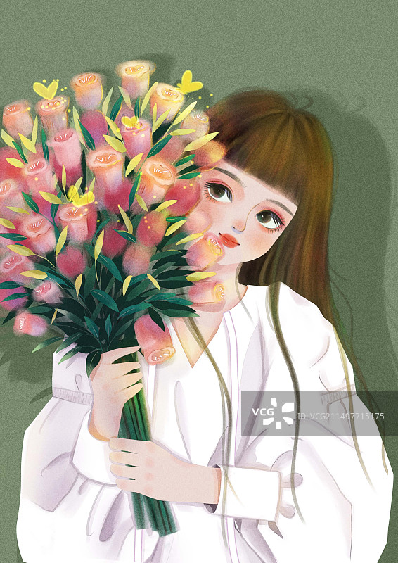 拿花少女人物插画图片素材
