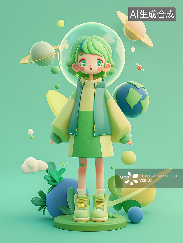 【AI数字艺术】3D地球环境日绿色女孩图片素材