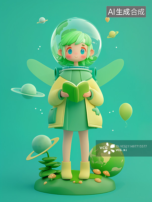 【AI数字艺术】3D地球环境日绿色女孩图片素材