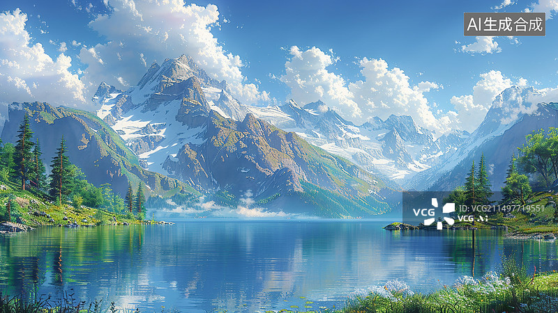 【AI数字艺术】蓝天白云下高山湖水自然风光图片素材