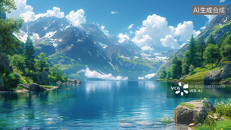 【AI数字艺术】蓝天白云下高山湖水自然风光图片素材