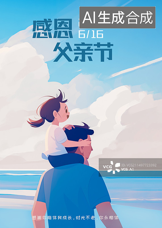 【AI数字艺术】父亲节主题一个小女孩坐在父亲肩膀上的插画图片素材