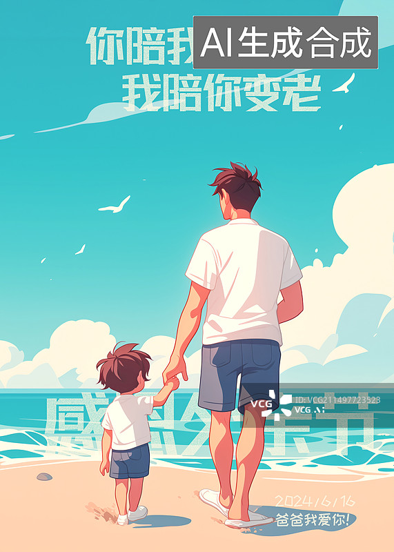 【AI数字艺术】一个父亲拉着一个小男孩的手走在海滩上图片素材
