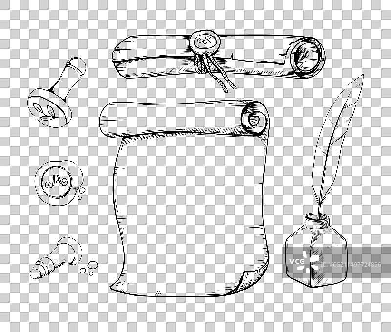 古代书籍羊皮纸卷轴素描图片素材