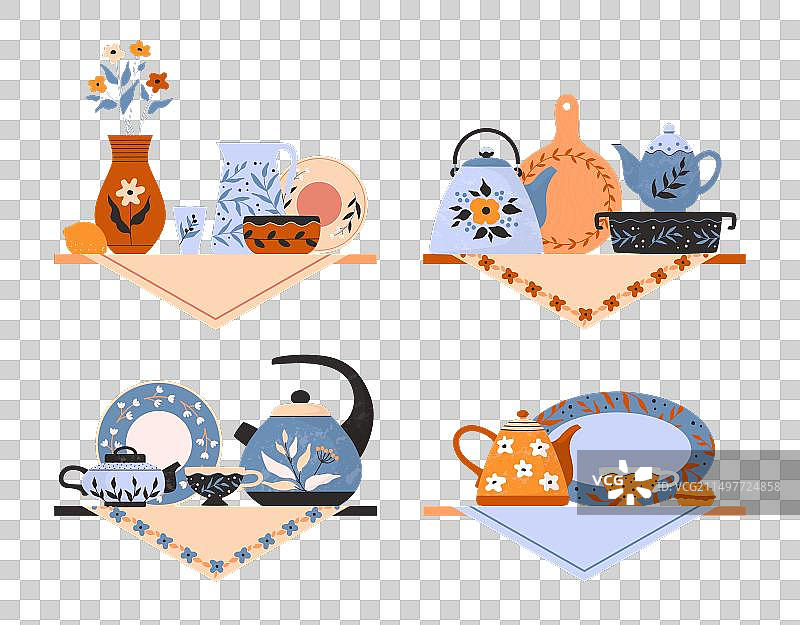 货架上的茶具陶瓷杯和茶壶图片素材