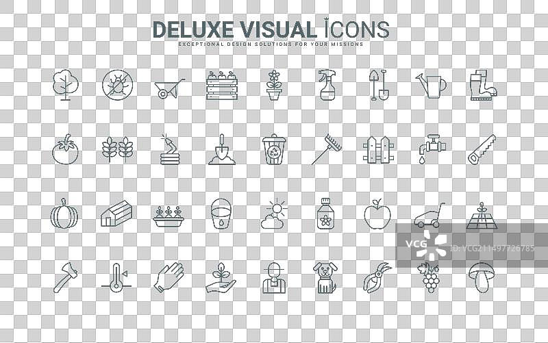 农场花园设备和收割线性图标集图片素材