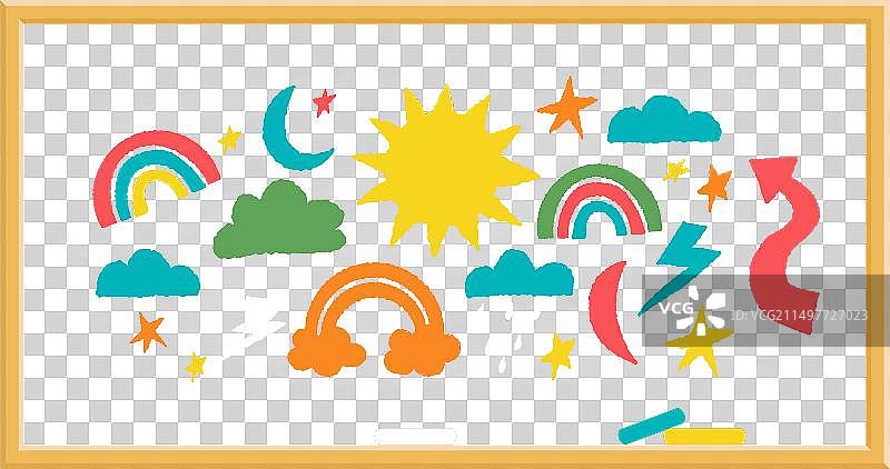 带有粉笔和绘画的学校绿色黑板图片素材