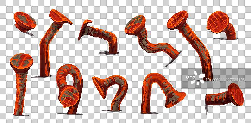 弯曲的生锈墙钉和鞋钉图片素材