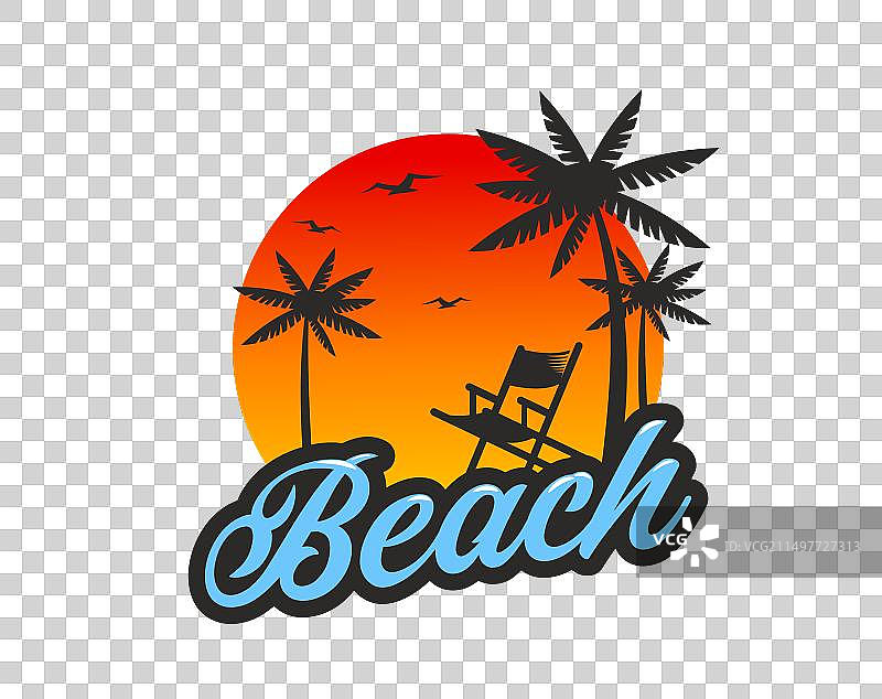 热带夏季海滩：棕榈树和沙发床图片素材