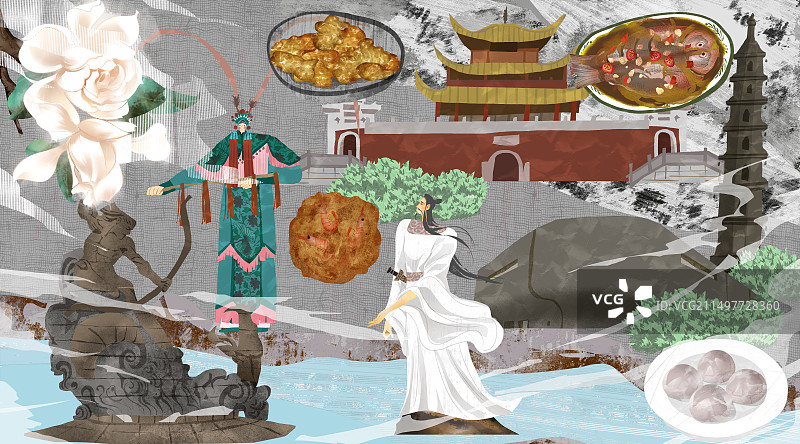 岳阳市建筑人文美食插画图片素材