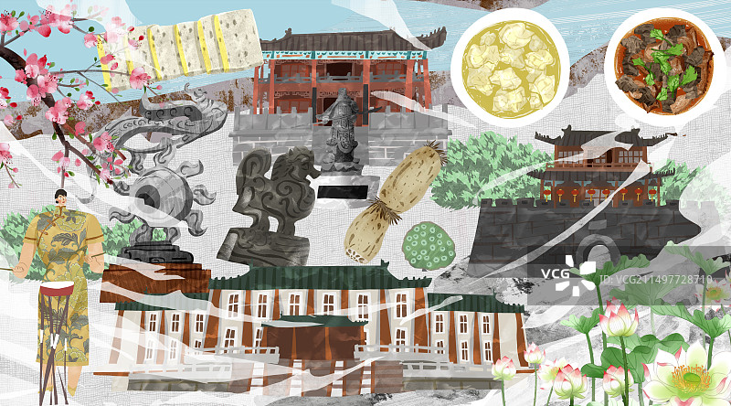 荆州市建筑人文美食插画图片素材