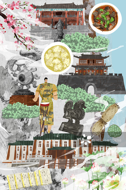 荆州市建筑人文美食插画图片素材