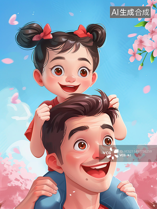 【AI数字艺术】父亲节主题，女儿骑坐在父亲的肩膀上图片素材