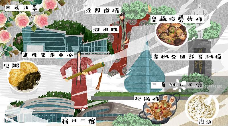 宿州市建筑人文美食插画图片素材