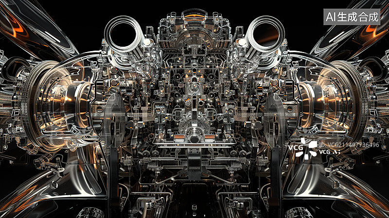 【AI数字艺术】黑色背景，抽象的，极其复杂机械结构的汽车零部件图片素材