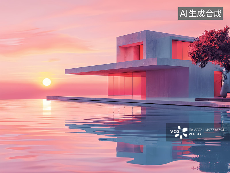 【AI数字艺术】夏日棕榈树无边泳池别墅图片素材