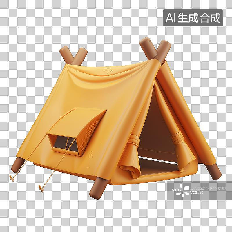 【AI数字艺术】3D卡通立体黄色露营帐篷PNG设计元素图片素材