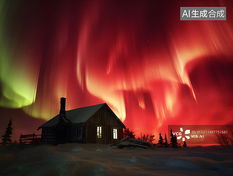 【AI数字艺术】红色极光下的雪山图片素材