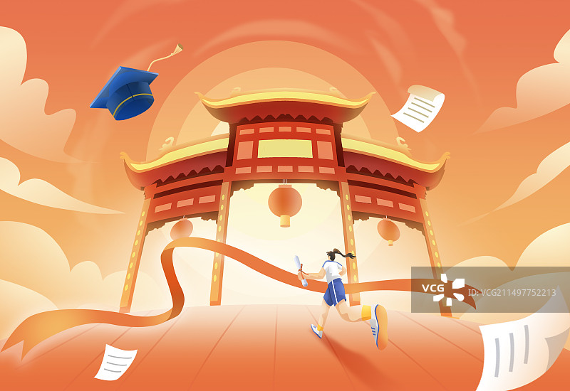 高考横版插画橙色金榜题名跃龙门学生背影冲刺终点奔跑古建筑大透视图片素材