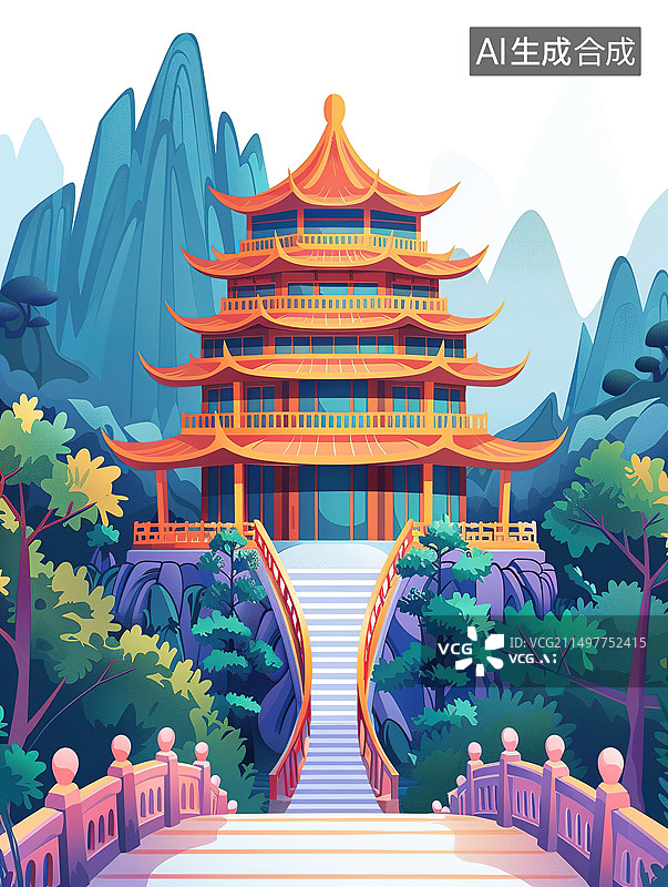 【AI数字艺术】国潮风古代建筑插画设计元素图片素材