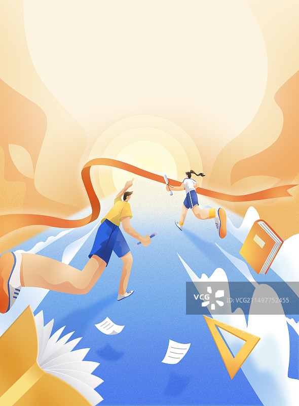 竖版大透视学生奔跑的背影氛围感毕业书籍橙色蓝色插画图片素材