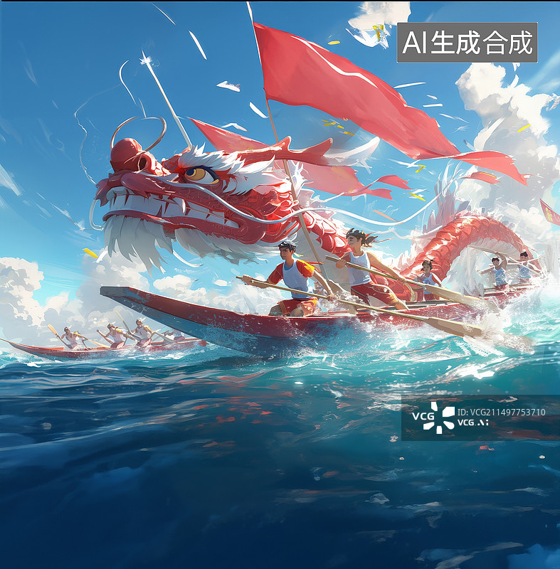 【AI数字艺术】中国传统节日端午节，龙舟赛插画。图片素材