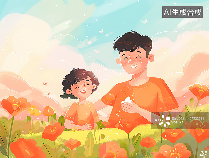 【AI数字艺术】父亲节温馨插画，父亲与儿子玩耍图片素材