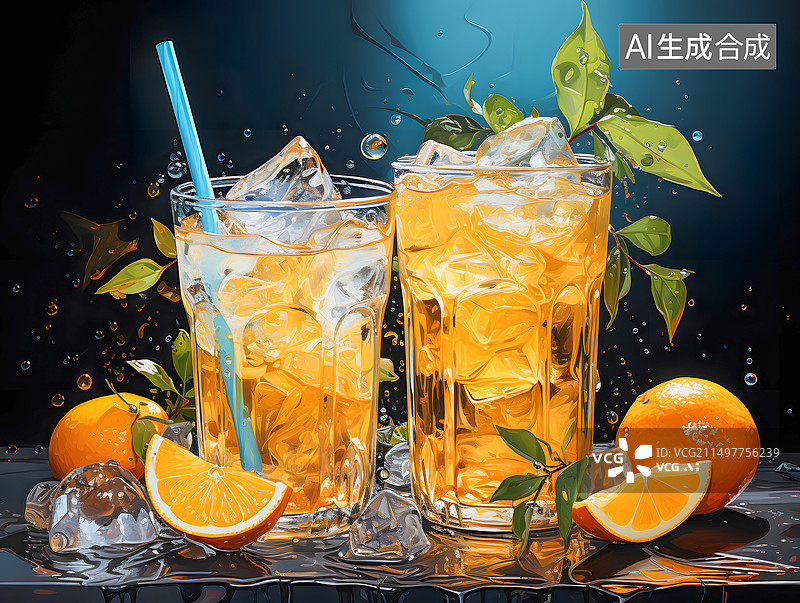 【AI数字艺术】夏天里的一杯冰橙汁，厚笔触油画风格图片素材