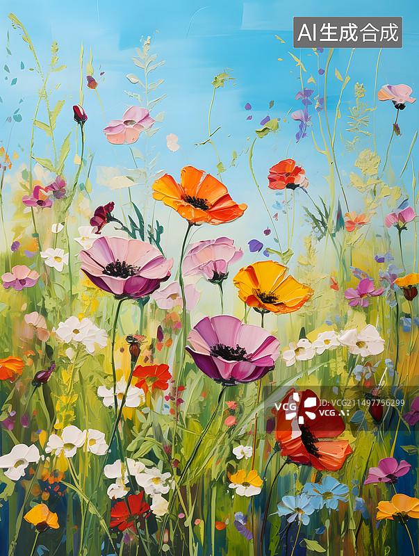 【AI数字艺术】夏日草原鲜花，厚笔触油画风格图片素材