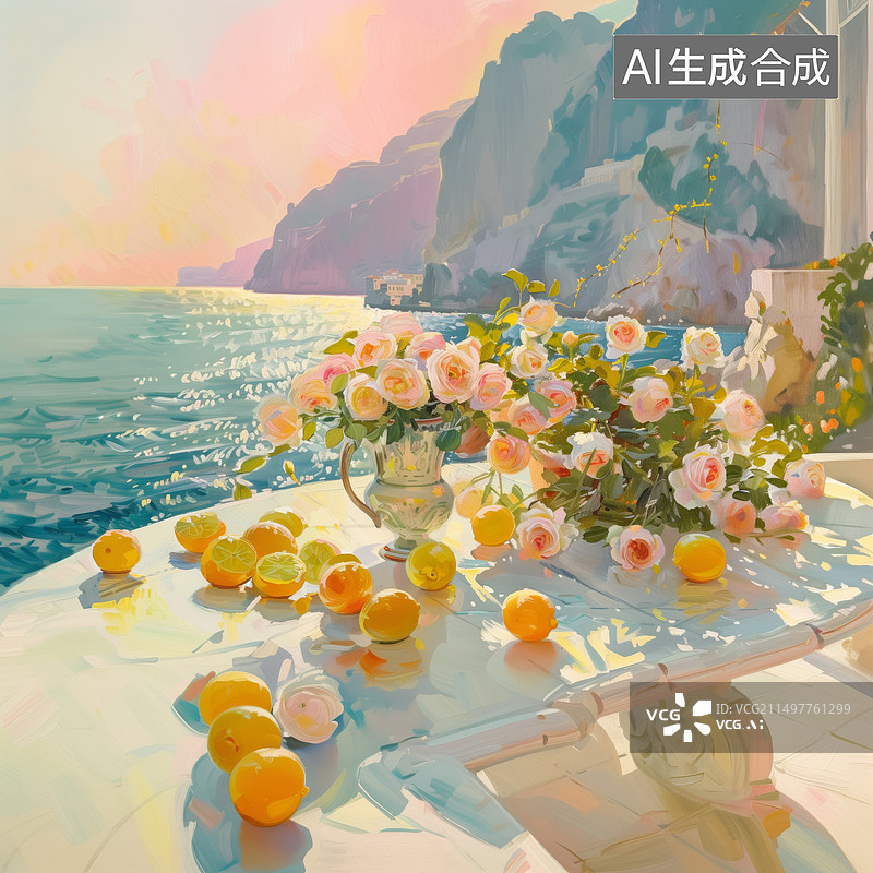 【AI数字艺术】油画夏天海边惬意水果盆栽图片素材